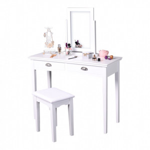 SEA606 - Set Masa toaleta, 100 cm, consola cosmetica machiaj masuta vanity make-up cu oglinda si scaun tapitat- Alb