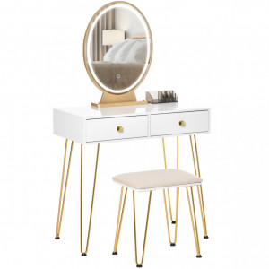 SEA71 - Set Masa toaleta, 80 cm, cosmetica machiaj, oglinda cu LED si scaun, masuta vanity - Alb-Auriu