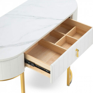 SEA75 - Set Masa toaleta, 100 cm, cosmetica, masa machiaj cu oglinda si scaun, masuta vanity - Alb-Auriu