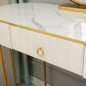 SEA79 - Set Masa toaleta, 100 cm, cosmetica, masa machiaj cu oglinda LED si scaun, masuta vanity - Alb-Auriu