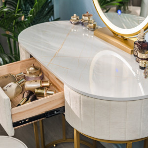 SEA80 - Set Masa toaleta, 80 cm, cosmetica, masa machiaj cu oglinda LED si scaun, masuta vanity - Alb-Auriu