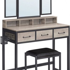 SEG206 - Set Masa toaleta, 90 cm, cosmetica machiaj cu oglinda tripla, masuta vanity - Grej stil industrial