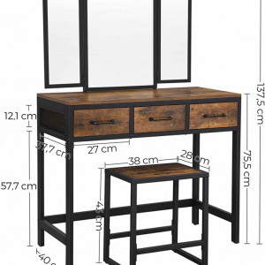SEM223 - Set Masa toaleta, 90 cm, cosmetica machiaj cu oglinda tripla, masuta vanity - Maro stil industrial