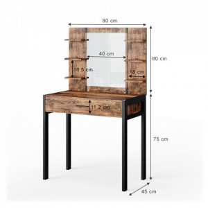 SEM226 - Set Masa toaleta, 80 cm, cosmetica machiaj oglinda cu sau fara LED, masuta vanity, cu sau fara bancuta - Maro stil industrial
