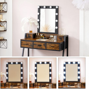 SEM230 - Set Masa toaleta, 90 cm, cosmetica machiaj cu oglinda cu LED, masuta vanity cu scaun tapitat - Maro stil industrial
