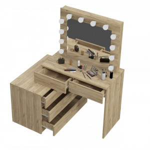 SEM512 - Set Masa toaleta, 130 cm, cosmetica machiaj oglinda masuta vanity, oglinda cu LED-uri cu sau fara scaun - culoarea Stejar
