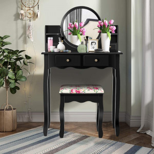 SEN21 - Set Masa toaleta 75 cm, cosmetica machiaj cu oglinda, masuta vanity - Negru