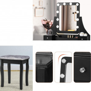 SEN236 - Set Masa Neagra toaleta, 80 cm, cosmetica machiaj, oglinda cu LED, scaunel taburet tapitat