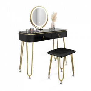SEN237 - Set Masa toaleta, 100 cm, cosmetica machiaj, oglinda cu LED, scaunel taburet tapitat - Negru Lucios-Auriu