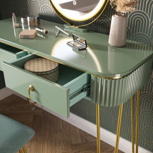 SEV202 - Set Masa toaleta, 100 cm, cosmetica machiaj, oglinda cu LED, scaunel taburet tapitat - Verde Deschis Lucios-Auriu