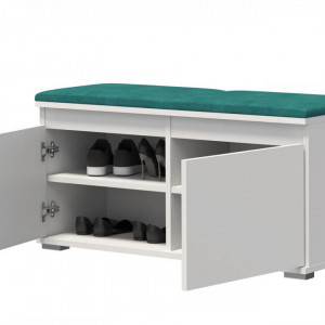BAA505 - Banca 100x37x51 cm, Pantofar pentru Hol, pantofi, depozitare - Alb cu tapiterie Gri/Albastru/Verde