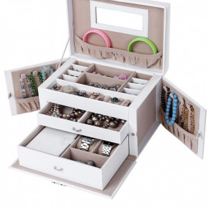 CJA202 - Cutie cutiuta bijuterii, depozitare ceasuri, imitatie piele - Alb