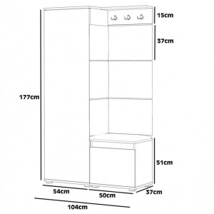 CUI510 - Cuier 104x37x177 cm - 3 agatatori haine, hol, pantofar - Alb, tapiterie Turcoaz/Gri/Albastru