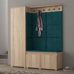 CUI517 - Cuier 154x37x177 cm - 6 agatatori haine, hol, pantofar - Sonoma, tapiterie Verde/Gri/Albastru