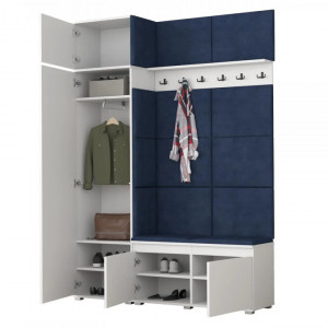 CUI519 - Cuier 154x37x214 cm - 6 agatatori haine, hol, pantofar - Alb, tapiterie Verde/Gri/Albastru