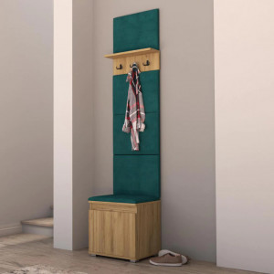 CUI524 - Cuier 50x37x214 cm - 3 agatatori haine, hol, pantofar - Culoarea Stejar, tapiterie Verde/Gri/Albastru