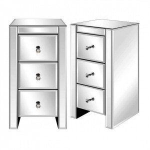 NOOG3 - Set 2 Noptiere 30x30x60 cm, dulapior cu 3 sertare, dormitor - Oglinda - Argintiu