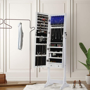 OGA110 - Oglinda caseta de bijuterii cu LED, 41 cm, dulap, dulapior cu picioare dormitor, dressing - Alb