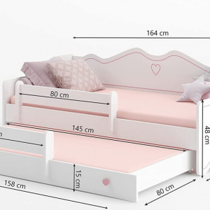 PAAC208 - Pat pentru 2 copii cu 2 saltele 80x160 cm, model Inimioare Gri, pentru fetite sau baieti, cu somiera - Alb
