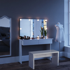 SEA252 - Set Masa alba toaleta moderna, 120 cm, cosmetica machiaj oglinda cu sau fara LED, masuta vanity cu sau fara bancuta/scaun,
