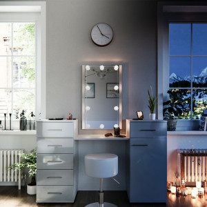 SEA265 - Set Masa alba toaleta 140 cm cosmetica machiaj, oglinda cu LED la alegere, masuta vanity