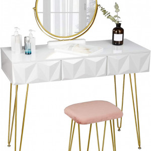 SEA298 - Set Masa toaleta, 100 cm, cosmetica machiaj cu oglinda si scaun, masuta vanity - Alb
