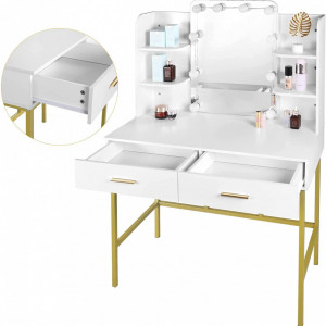 SEA362 - Set Masa toaleta, 90 cm, cosmetica machiaj, oglinda cu LED, masuta vanity - Alb-Auriu