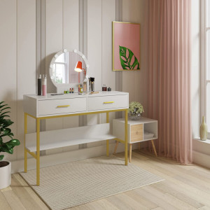 SEA363 - Set Masa toaleta, 100 cm, cosmetica machiaj, oglinda cu LED, masuta vanity - Alb-Auriu
