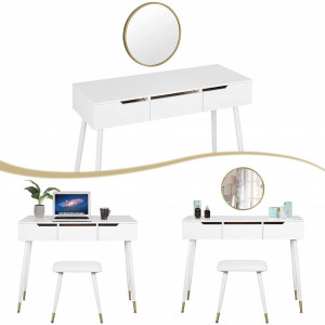 SEA365 - Set Masa toaleta, 100 cm, cosmetica machiaj, oglinda, masuta vanity - Alb-Auriu