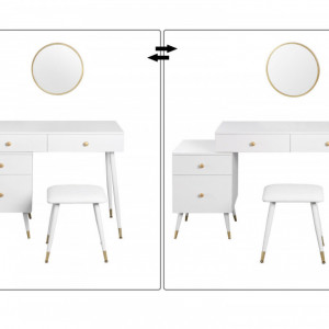 SEA367 - Set Masa toaleta, 100 cm reversibila, cosmetica machiaj, oglinda, masuta vanity - Alb-Auriu
