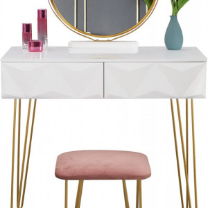 SEA378 - Set Masa toaleta, 80 cm, cosmetica machiaj cu oglinda si scaun, masuta vanity - Alb