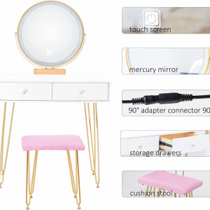 SEA384 - Set Masa toaleta, 80 cm, cosmetica machiaj, oglinda cu LED, masuta vanity, scaun tapitat - Alb-Auriu