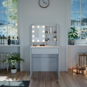 SEA386 - Set Masa alba toaleta 70 cm cosmetica machiaj, oglinda cu sau fara LED, masuta vanity