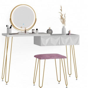 SEA391 - Set Masa toaleta, 120 cm, cosmetica machiaj, oglinda cu LED, masuta vanity, scaun tapitat - Alb-Auriu