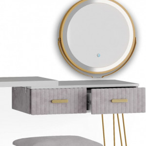 SEA393 - Set Masa toaleta, 120 cm, cosmetica machiaj, oglinda cu LED, masuta vanity, scaun tapitat - Alb-Auriu-Gri