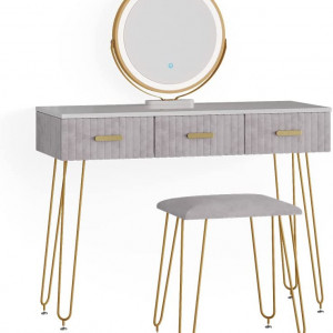 SEA395 - Set Masa toaleta, 100 cm, cosmetica machiaj, oglinda cu LED, masuta vanity, scaun tapitat - Alb-Auriu-Gri