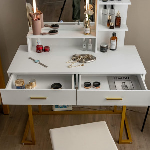 SEA397 - Set Masa toaleta, 100 cm, cosmetica machiaj, oglinda cu LED, masuta vanity, scaun tapitat - Alb-Auriu
