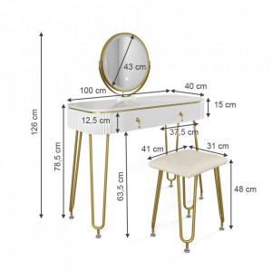 SEA398 - Set Masa toaleta, 100 cm, cosmetica machiaj, oglinda cu LED, scaunel taburet tapitat - Alb Lucios-Auriu
