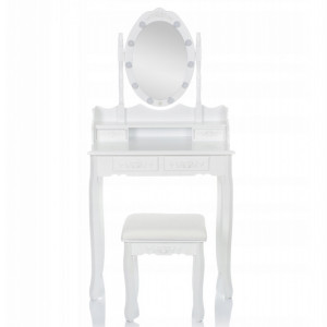 SEA517 - Set Masa alba toaleta, 75 cm, cosmetica machiaj oglinda cu LED, masuta vanity, scaunel, taburet tapitat