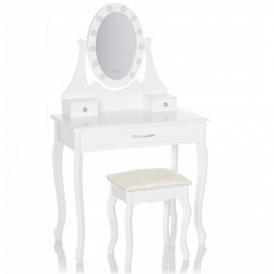 SEA519 - Set Masa alba toaleta, 75 cm, cosmetica machiaj oglinda cu LED, masuta vanity, scaunel, taburet tapitat