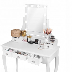 SEA521 - Set Masa alba toaleta, 80 cm, cosmetica machiaj oglinda cu LED, masuta vanity, scaunel, taburet tapitat