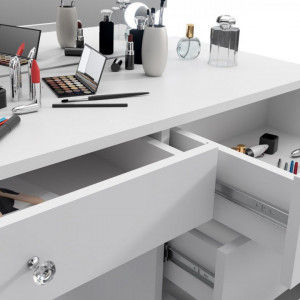 SEA533 - Set Masa toaleta, 110 cm, cu manere tip Cristal, masuta cosmetica machiaj, vanity cu sau fara scaun, oglinda cu LED-uri - Alb