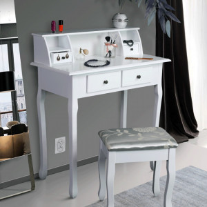 SEA601 - Set Masa toaleta, 80 cm, consola cosmetica machiaj masuta vanity make-up cu raft si scaun tapitat pentru hol - Alb