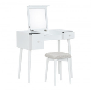 SEA605 - Set Masa toaleta, 80 cm, consola cosmetica machiaj masuta vanity make-up cu oglinda rabatabila si scaun tapitat- Alb