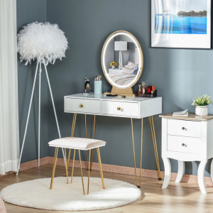 SEA71 - Set Masa toaleta, 80 cm, cosmetica machiaj, oglinda cu LED si scaun, masuta vanity - Alb-Auriu