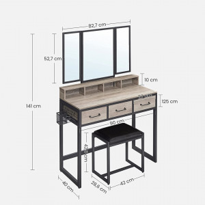 SEG206 - Set Masa toaleta, 90 cm, cosmetica machiaj cu oglinda tripla, masuta vanity - Grej stil industrial