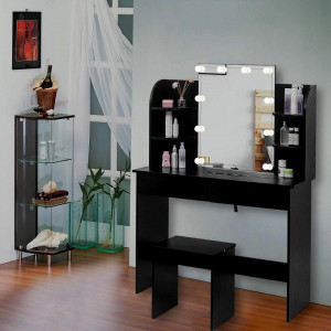 SEM214 - Set Masa toaleta 108 cm, cosmetica machiaj oglinda masuta vanity cu oglinda, rafturi si scaun - Negru, Alb