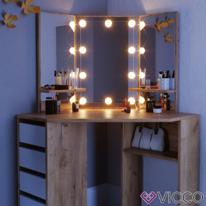 SEM216 - Set Masa toaleta cosmetica machiaj, cu oglinda make-up cu sau fara LED-uri, masuta vanity - Maro pe colt
