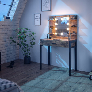 SEM226 - Set Masa toaleta, 80 cm, cosmetica machiaj oglinda cu sau fara LED, masuta vanity, cu sau fara bancuta - Maro stil industrial