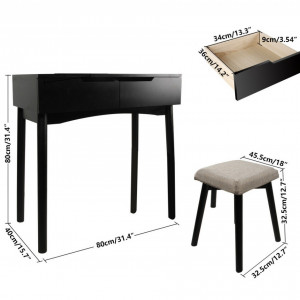 SEN232 - Set Masa toaleta, 80 cm, cosmetica machiaj, masuta vanity, birou, masuta de scris, scaunel, taburet tapitat - Negru